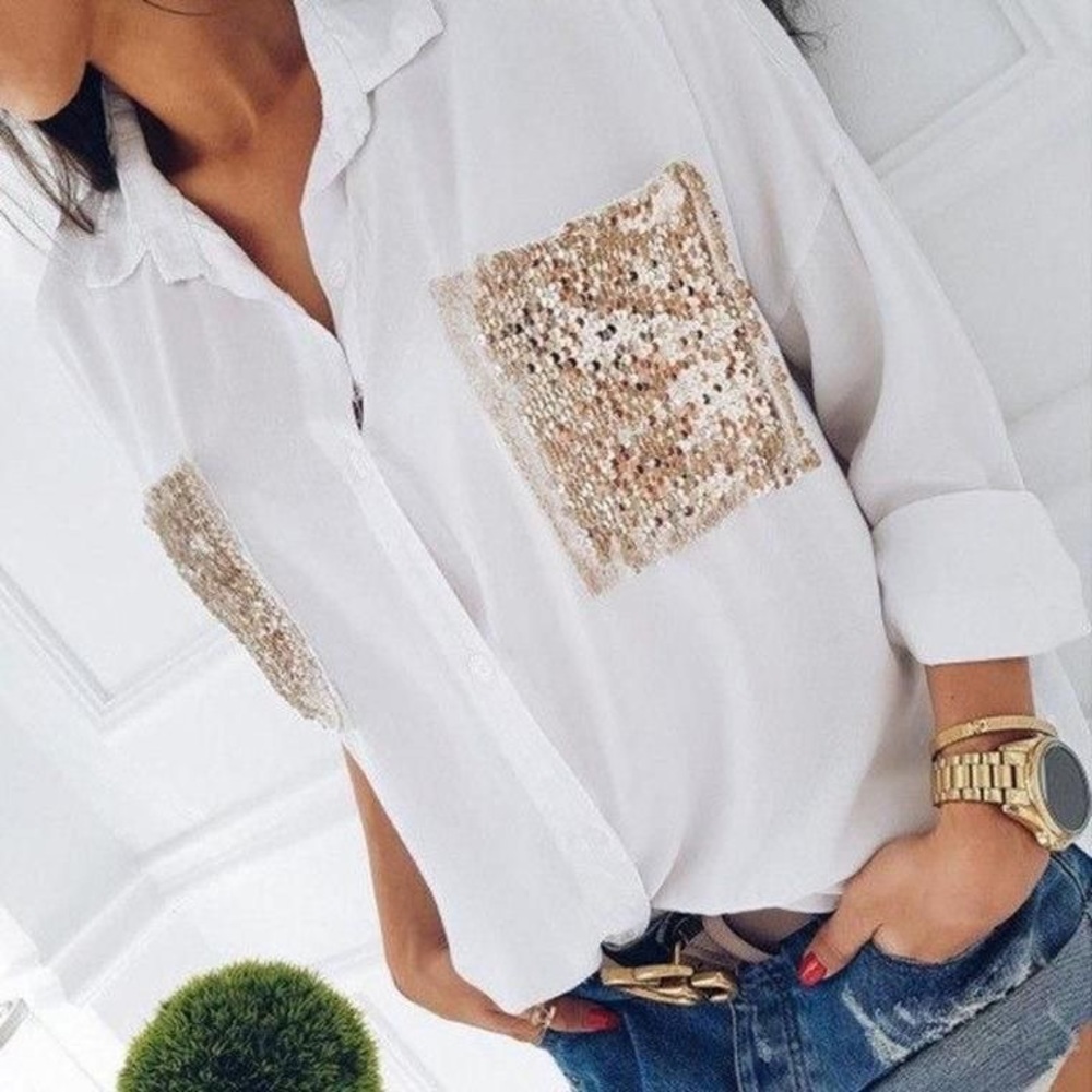 NWOT Sequins Pockets White & Gold Blouse Small